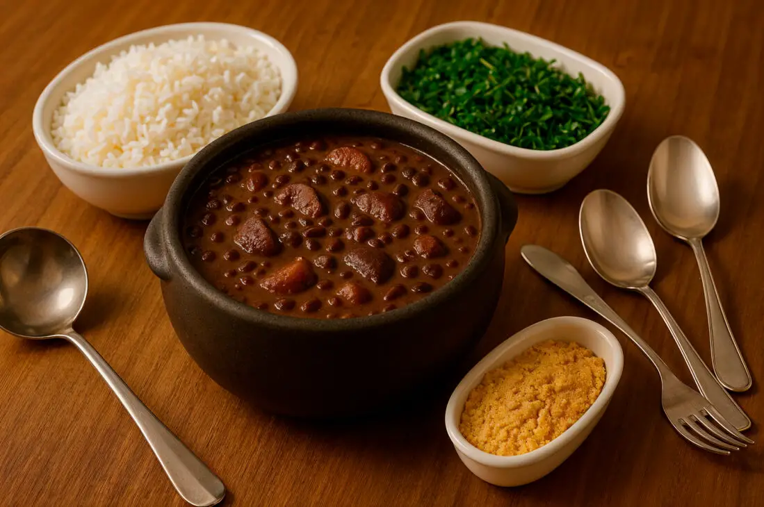 Mesa com feijoada servida em panela de barro, acompanhada de arroz branco, farofa dourada e couve mineira, com colheres de servir.
